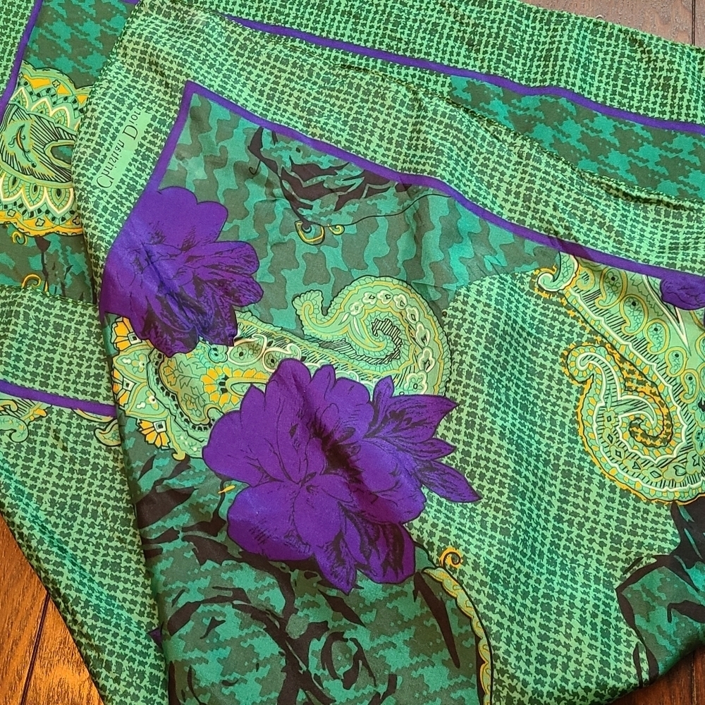Christian Dior Autumn Green Hues Violet Floral Paisley Silk Scarf - Picture 7 of 11